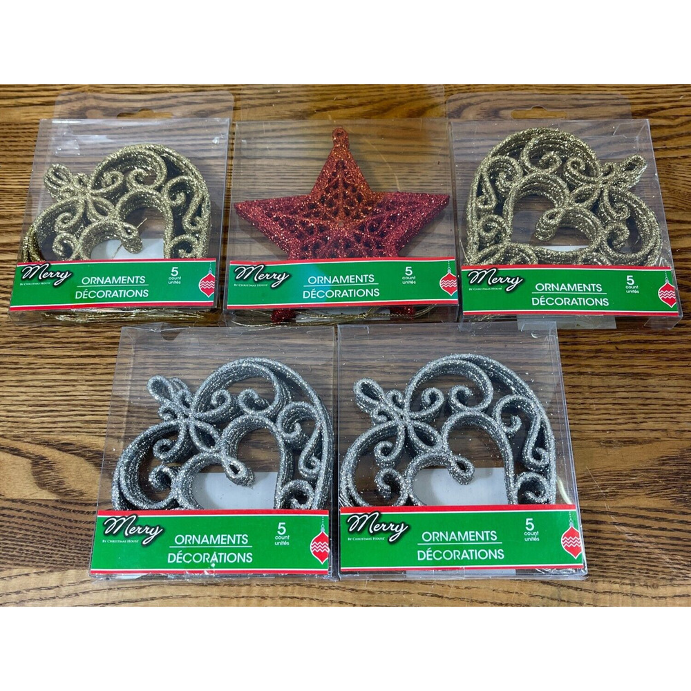 5 Pack Merry by Christmas House Holiday Ornaments Glitter Hanging Decor 5 Ct/Pk